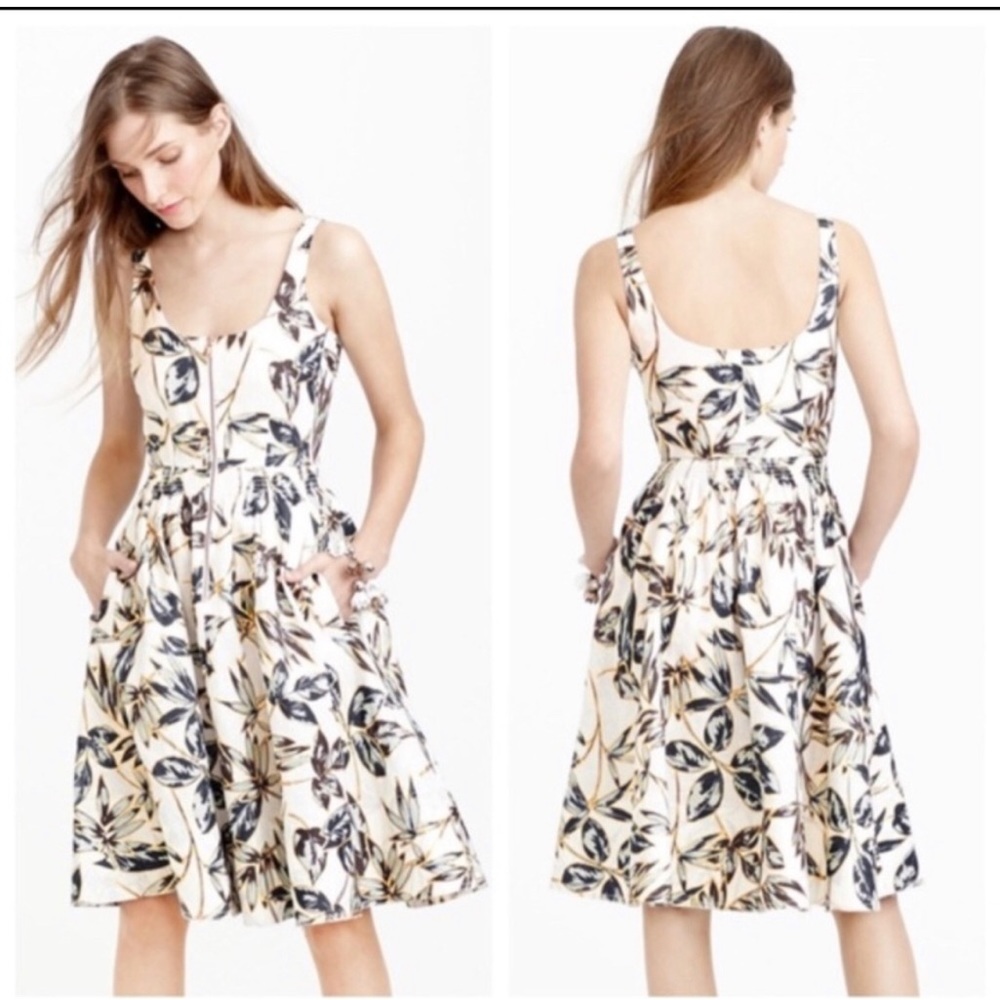 J.Crew Linen Zip-Front Dress in Gold Foil Leaf Women's Size 2